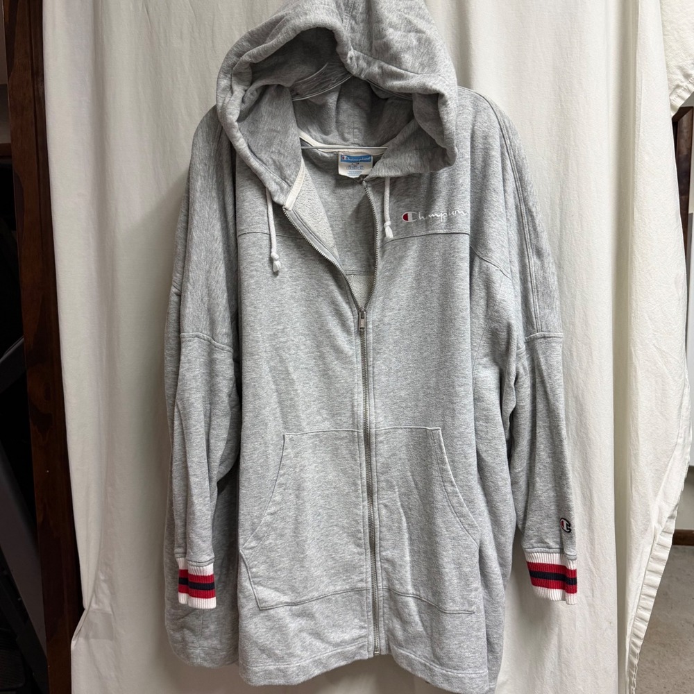 Champion Womens Oversized Full Zip Hoodie Gray Logo Stripe S/M Athletic Style